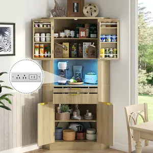 Large Corner Cabinet with Charging Station and LED Lights,74"Tall Fluted Kitchen Pantry Storage Cabinet with Drawer and Hidden Panel,Kitchen Pantry Cabinets with Doors and Shelves(Oak)