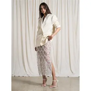 Fashion Sexy Sheer Mesh Fringe Sequin Midi Skirt, High Waist Fitted Plaid A-Line Dress, All Seasons Women's Clothing, Fashion Casual Skirt