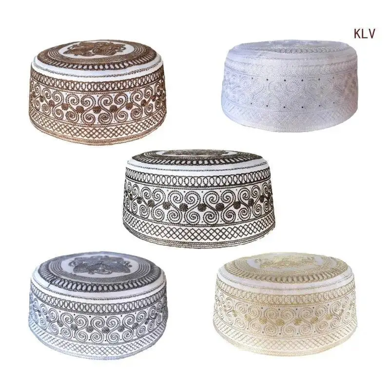 Cotton Embroidery Turban Hat for Men Breathable Islamic Kufi Prayer Hat EID RamadanHijabs Beanie Cap Arabian Skull Hat