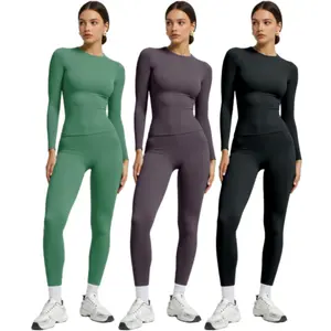 Two-piece Women's Yoga Jumpsuit Exercise Ribbed Long Sleeved Sportwear Hip Lifting Yoga Suit Polyamide Solid Color All Season Regular Fit