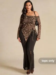Plus Size Women's Leopard Print Asymmetrical Neck Drawstring Ruched Fitted Top Fashionable Streetwear for Spring Autumn Clothes Shirts