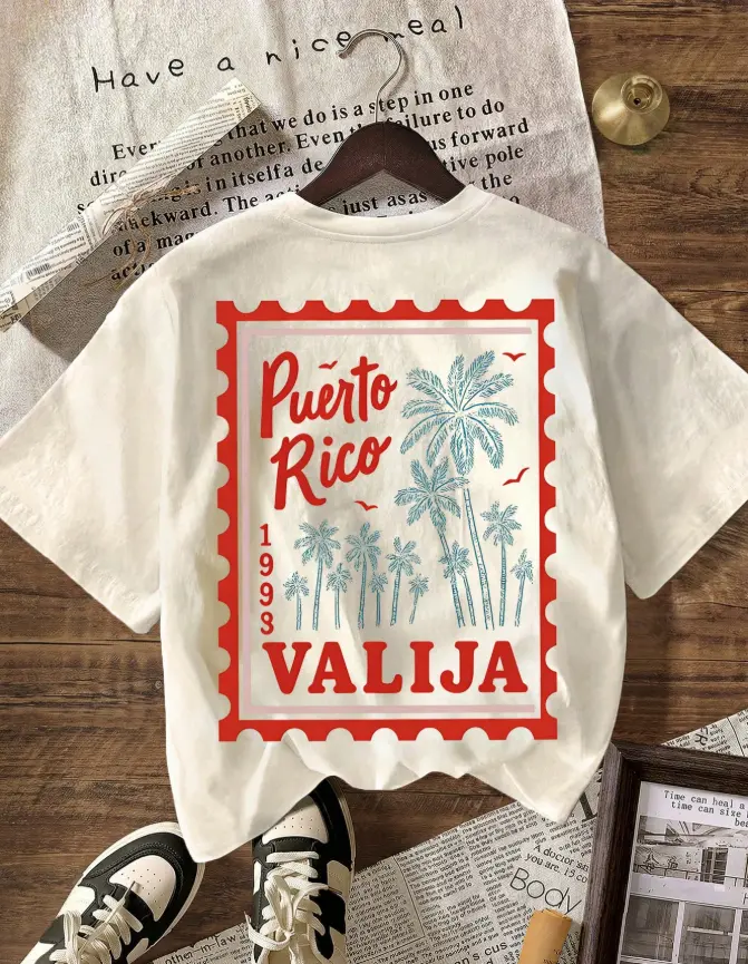 Women’s Puerto Rico Valija Graphic Tee, Tropical Palm Tree Back Print Shirt, Vintage Travel Souvenir T-Shirt, Island Vacation Outfit, Caribbean Beach Tee, Summer Resort Top, Latin Heritage Gift for Her