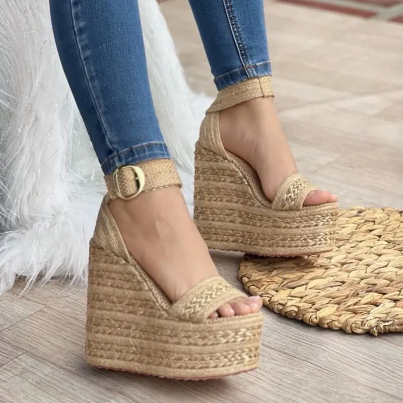 MEGAN / Women's Colombian Jute Platform Wedge Sandals, 12cm Heel, Walking Shoes