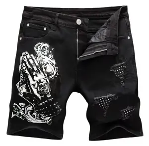 . Men's Praying Hand Print Denim Shorts - Black Streetwear Distressed Jean Shorts