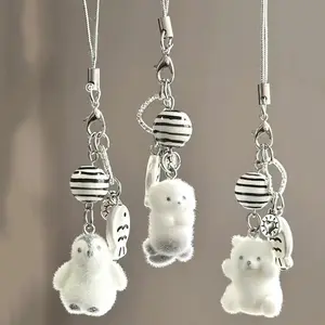Cute Flocking Cat Mobile Phone Straps Cartoon Animal Earphone Case Lanyard Keychain Bag Decor Flocked Phone Chain Gifts For Girl