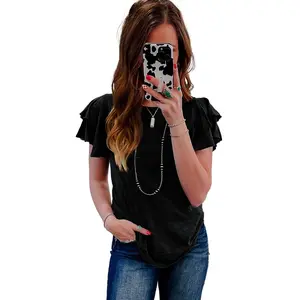 Women's Black Layered Ruffle Short Sleeve Round Neck Top for Summer
