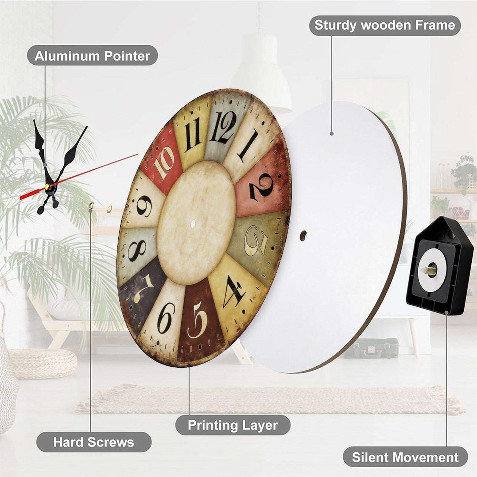 12 Inch Rainbow Segment Wooden Wall Clock | Silent Sweep Movement Rustic Farmhouse Design, Battery Not Included, Ideal for Cafe, Home Office, Cottage, Entryway, Gift for Vintage Decor Lovers