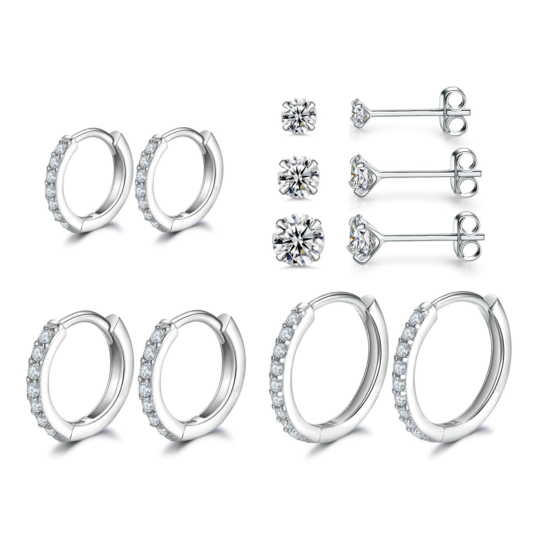 6 Pairs Hypoallergenic Tiny Cubic Zirconia Stud Earrings Set, Hoop Earring for Women
