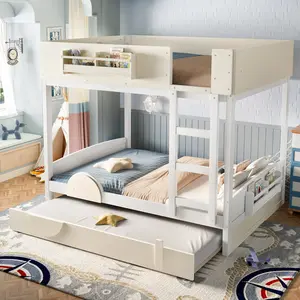 [Bellemave]Full /Queen Bunk Bed with Trundle , Wood Bunk Bed Frame with Built-in Bookshelf and High-quality Safety Guardrail,Automobile Form Design for Kids ,White& Beige.