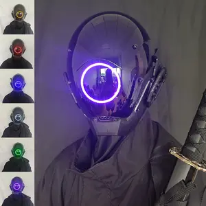 Cyberpunk Mask, Handmade Halloween Party Decoration, Cool LED Light Round Face Mask for Men & Women, Music Festival Costume Accessory, Party Event Props