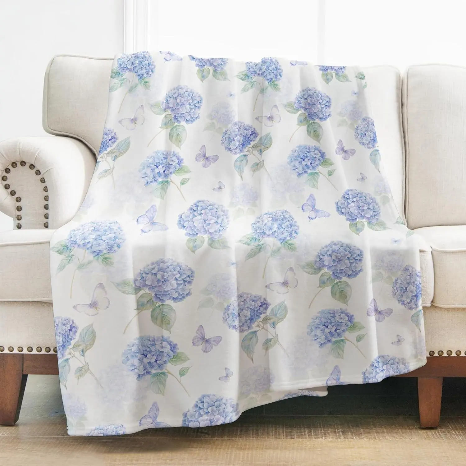 Hydrangea Printed High-Density Flannel Throw Blanket - Soft Warm, Wrinkle-Resistant, Pill-Resistant, French Country Decorative Couch & Bedroom Blanket, Blue Flower Gift for Women, Soft Warm Throw