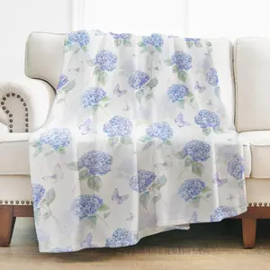Hydrangea Floral Soft Flannel Throw Blanket, Blue Flower Gifts for Girls Women, Modern Home Decor for Bedroom Camping Couch Room