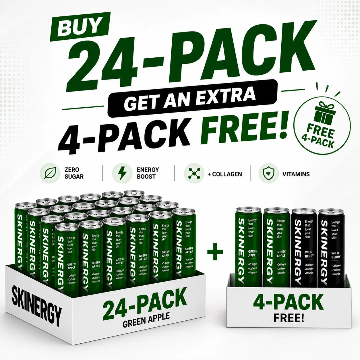 Skinergy Collagen Energy Drink | Zero Sugar | Green Apple & Wild Berry Flavors | 4, 12, 24 & 48 Pack Options | Buy 24-Pack Get Extra 4-Pack | FreeEnergy Beverage