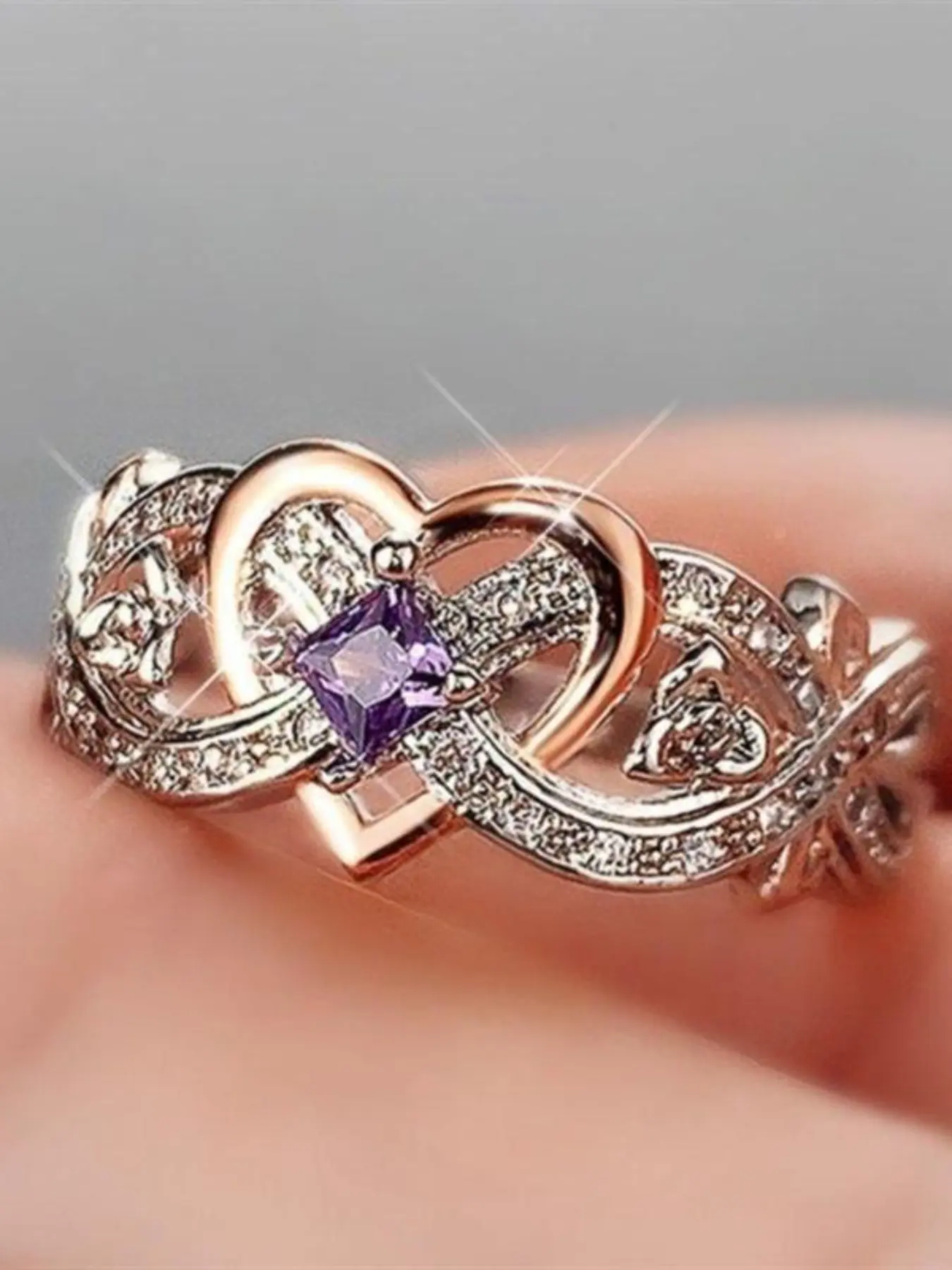 Elegant Infinity Ring - 1pc with Purple Synthetic Zirconia, Zirconia Inlaid Heart - Engagement Wedding Band, Daily & Special Occasion Jewelryengagement rings, Cubic Zirconia Rings