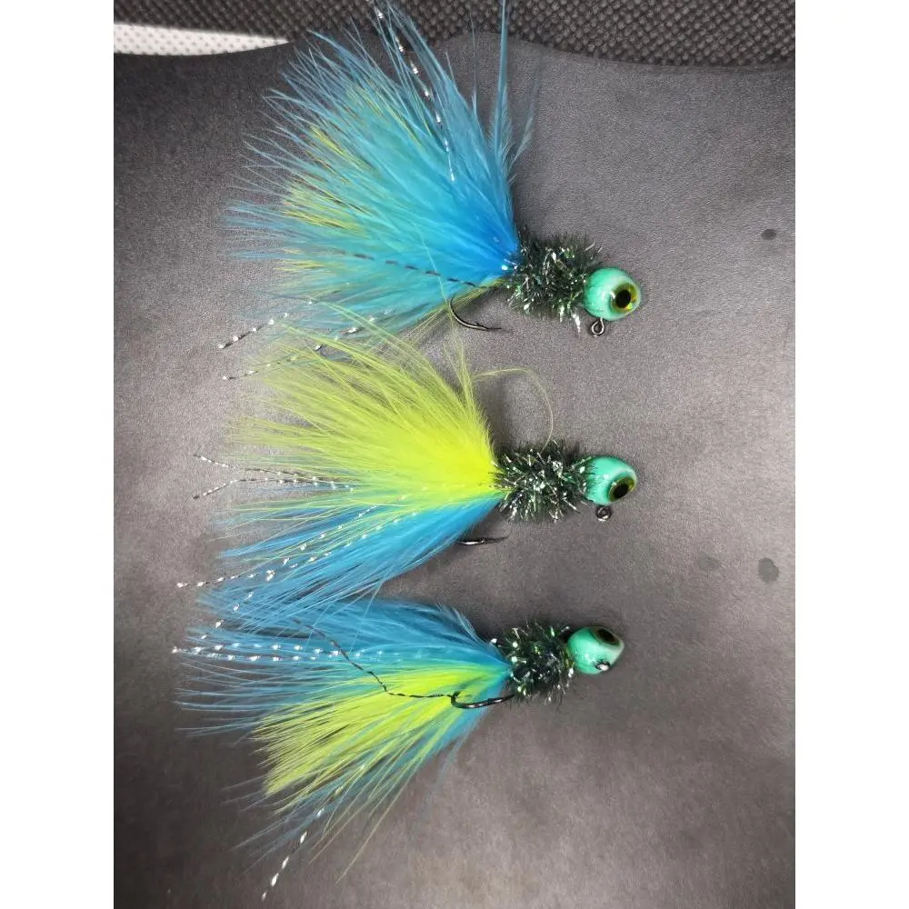 Aqua Ice Newport Custom Texas Minnow Jig Head with Chartreuse Eye Peacock Crystal Chennile Blue Marabou Silver Flash