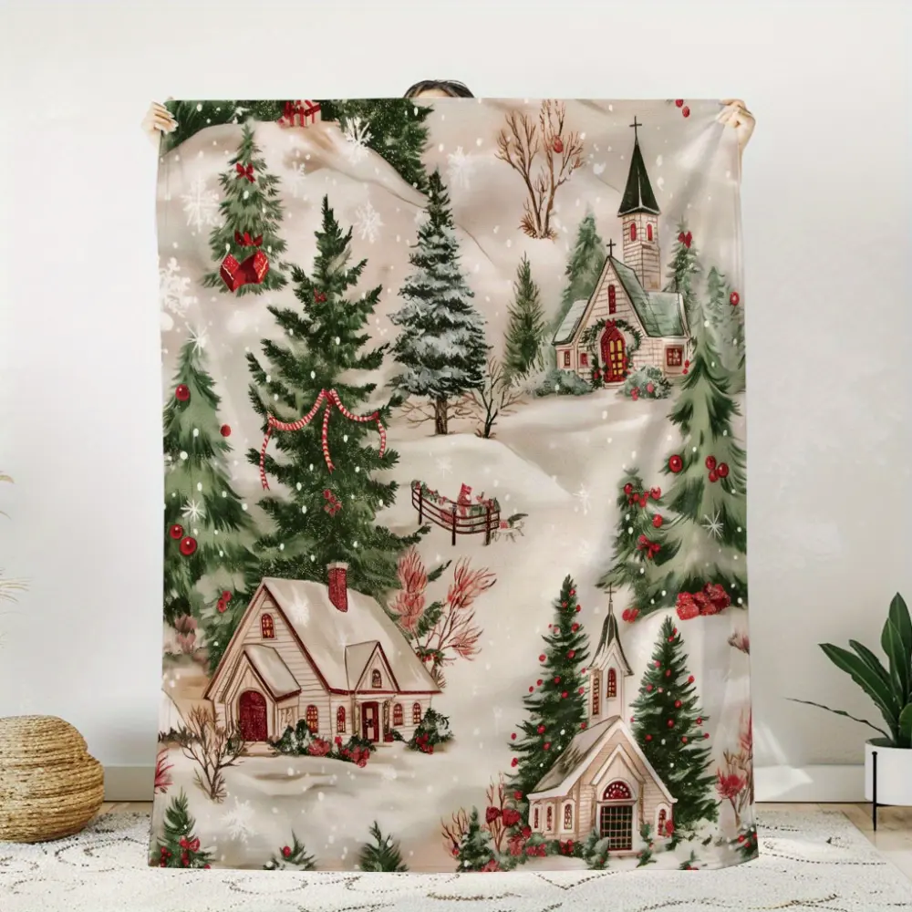Christmas Village Throw Blanket, Winter Wonderland Snowy Church Village Blanket with Christmas Trees and Snowflake Landscape, Cozy Holiday Blanket for Couch Sofa Bed, Rustic Christmas Home Decor Gift, Vintage Winter Scene Blanket
