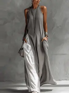 Women's Summer Sleeveless Loose Casual Slim-Fit Pocket Color-block Faux Two-piece Off-shoulder Dress