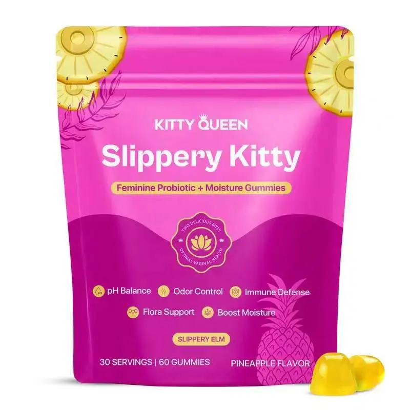 Slippery Kitty Feminine Probiotic + Moisture Gummies - All in One Solution with Slippery Elm Odor Control, Flora Support and Moisture Boost 60 Count Pineapple Flavor