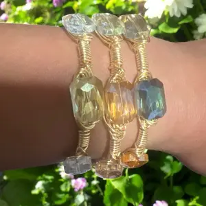 Handmade Colorful Crystal Bangle with Gold Wire Wrapping and Assorted Gemstones for Stylish Accessory