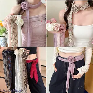 American Y2K Spice Girl Retro Red Cashew Flower Silk Scarf Belt, Women Stacked Jean Waist Decor Small Square Scarf, Multi-purpose Fashion Bandana Stylish Outfit Accessories for Daily Street Casual Matching