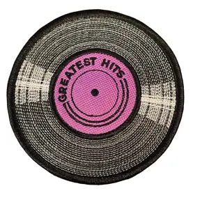 Vintage Greatest Hits Vinyl Look Iron-On/Sew-On Hook Backing Patch - 3.9x3.9in Easy Apply Sewing Accessory for Music Enthusiasts, Wardrobe Fabric Customization