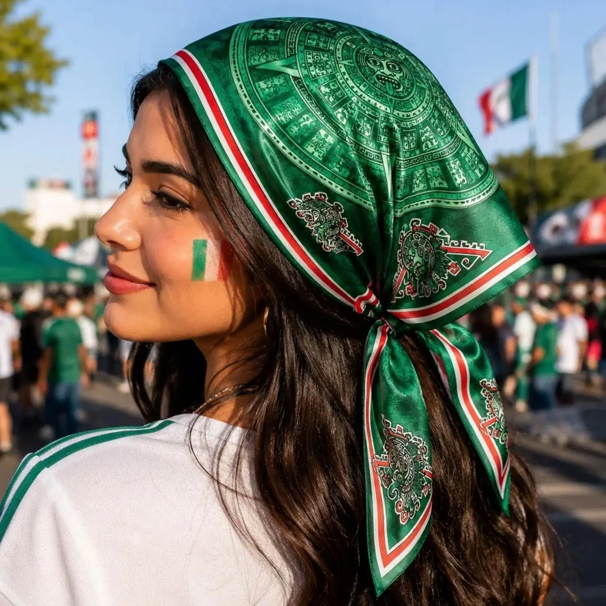 4 Styles Mexico Soccer Satin Bandana, El Tri Fan Head Scarf, Green Mexican Flag Hair Scarf