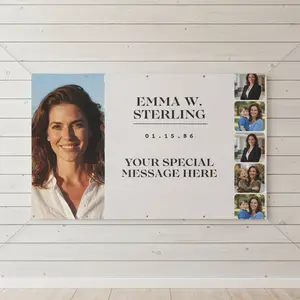 Customizable Horizontal Matte Photo Banner – 4 photo layout with center text panel – 96x60