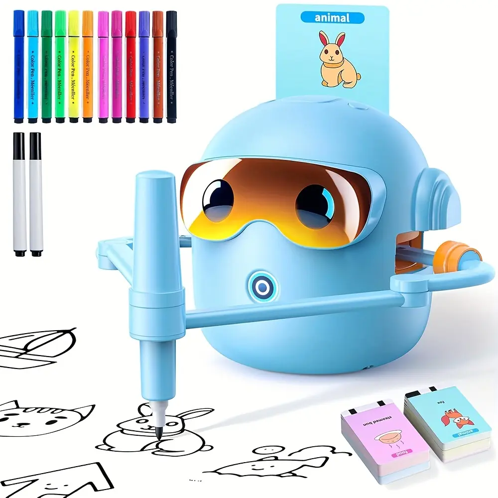 Unisex Japanese Anime Painting Robot Toy - 12 Colorful Markers & Highlighter, Innovative Automated Design for Learning & Creative Enhancement, Home Use