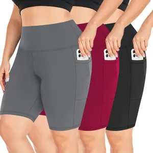3 Pack Plus Biker Shorts With Pocket For Women High Waisted Tummy Control Workout Yoga Running Athletic Shorts Soft Polyester Spandex Blend Breathable Moisture Wicking Fashionable Outfit