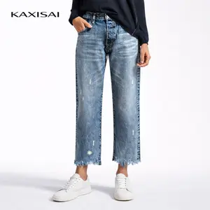 Women's Distressed Cropped Straight Leg Jeans Loose Fit Mid Waist Frayed Hem Denim Pants Casual Streetwear Premium Denim Fabric Trendy Distressed Details - Womenswear
