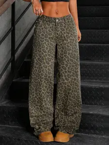 NVFelix Y2k Straight Leg Jeans Leopard Print Aesthetic Vintage Denim Cargo Pants with Pockets for Women & Men Streetwear Bottoms Everyday Womenswear
