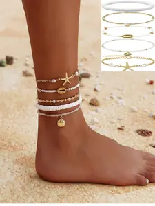 Shell Ankle Bracelet For Women Boho Beaded Seashell Starfish Conch Pearl Sea Turtle Puka Layered Gold Anklet Set Hawaiian Summer Beach Handmade Foot Jewelry Gift Set Adjustable