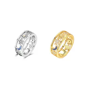 LAZA 925 silver-plated star, moon and sun hollow ring | Inlaid with dazzling zircon | Light luxury starry sky design | Ideal for women to wear daily or as a gift