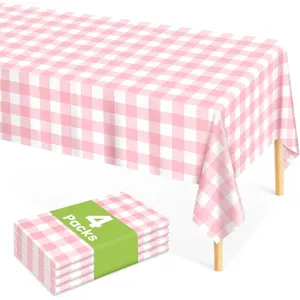 4 Pcs Pink Gingham Tablecloth 54 × 108 Inches Pink and White Checkered Disposable Plastic Waterproof Tablecover for Outdoor Picnic, Birthday Party, Holiday Dinner