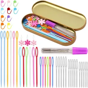 48Pcs Plastic Large Eye Sewing Needles Set,15PCS Large-Eye Blunt Needles,Yarn Needle,10 Knitting Stitch Markers with Box, Needle Threader for Knitting Crochet