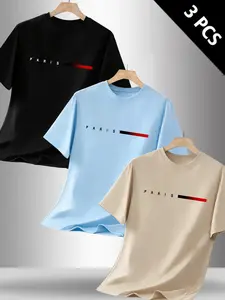 Men's Letter Print Round Neck Short Sleeve T-Shirt 3 Pack, Casual Comfortable Top for Fall Winter Outdoor Wear