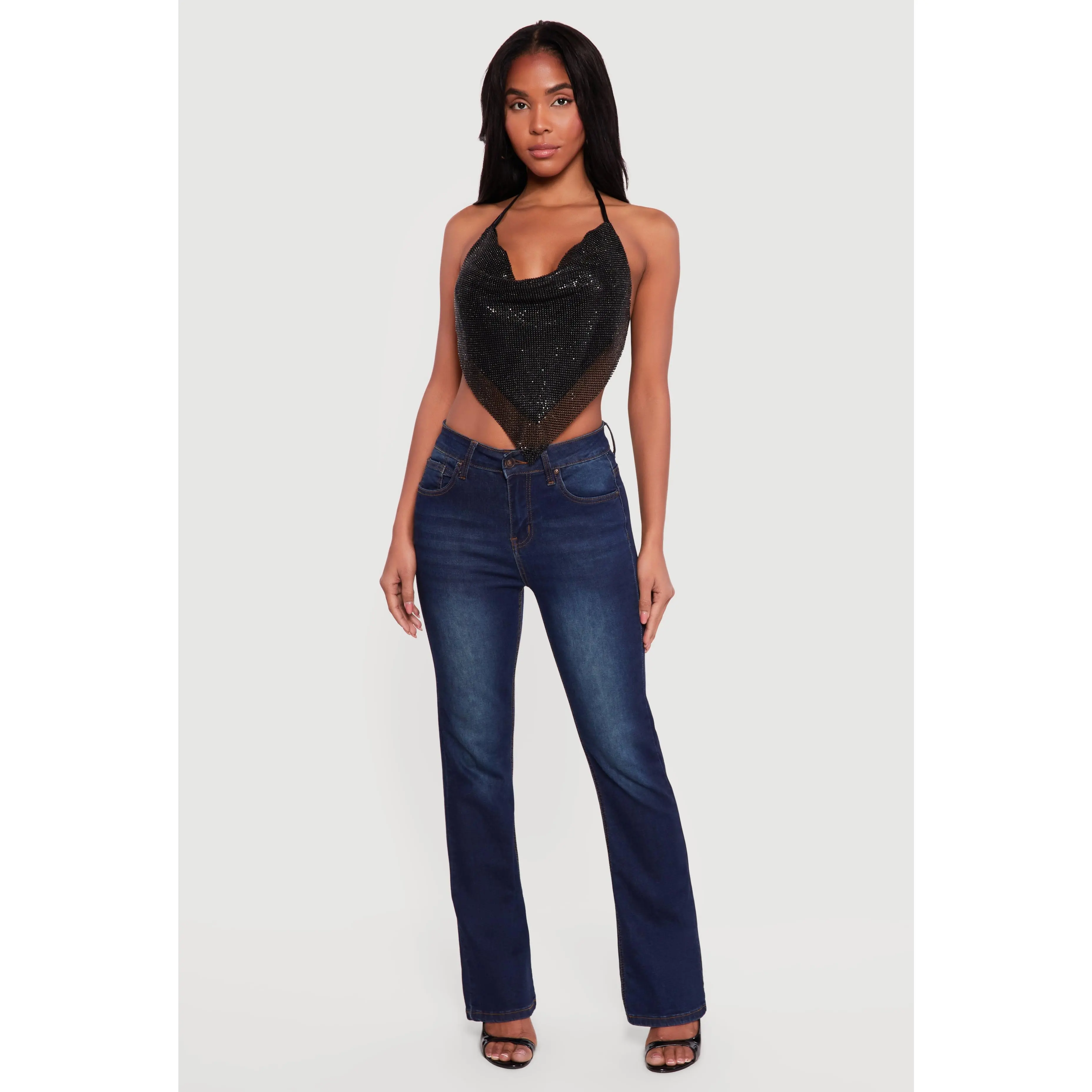Rhinestone Hanky Hem Open Back Halter Top