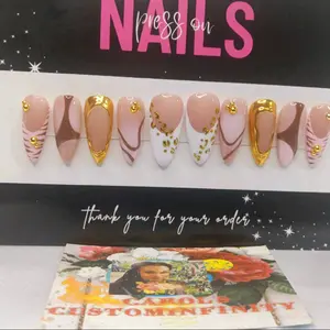 Long Almond Nails with Unique Design and "Thank You" Text as Described