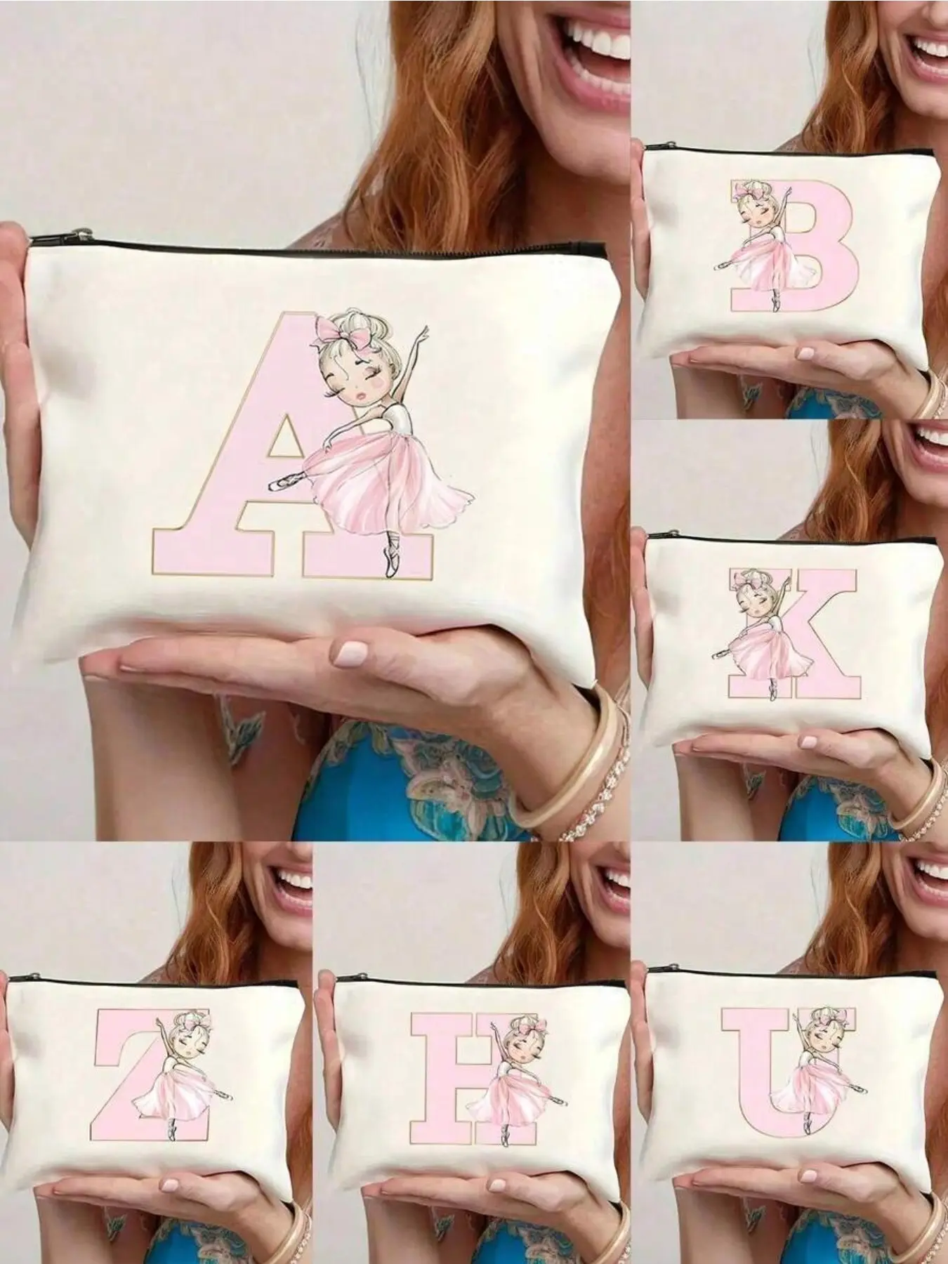 Personalized A-Z letter ballet dancer makeup bag, customized letter printed cosmetics storage bag, lightweight canvas zipper makeup bag for daily travel use, fashionable ballet girl and lady gifts