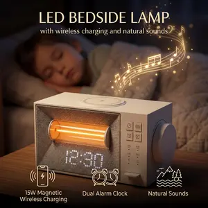 Retro Glow Tube Sound Machine Alarm Clock with Magnetic Wireless Charging, White Noise Machine with 20 Soothing Sounds for Sleeping, Dual Alarm, Snooze, Dimmable Night Light for Bedroom