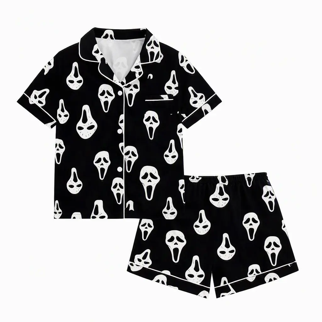 Y2K Ghost Print Pajama Set for Women, Soft Short-Sleeve Button-Up Halloween Sleepwear