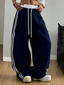 Oversized Casual Sport Pants for Women, Navy Blue Drawstring Lounge Pants with Contrast White Stripes, Comfortable Athleisure Wear for Daily Outfits, Drawstring Waist Sweatpants