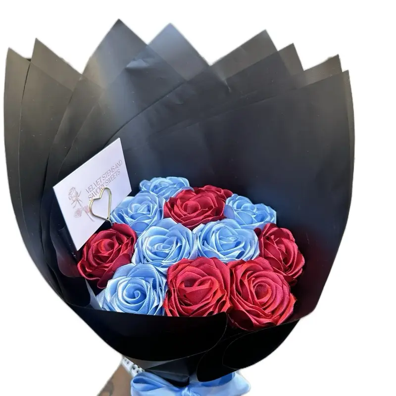 Two Toned Red and Sky Blue Eternal Roses - 12-Piece Flower Arrangement with Black Outer Packaging