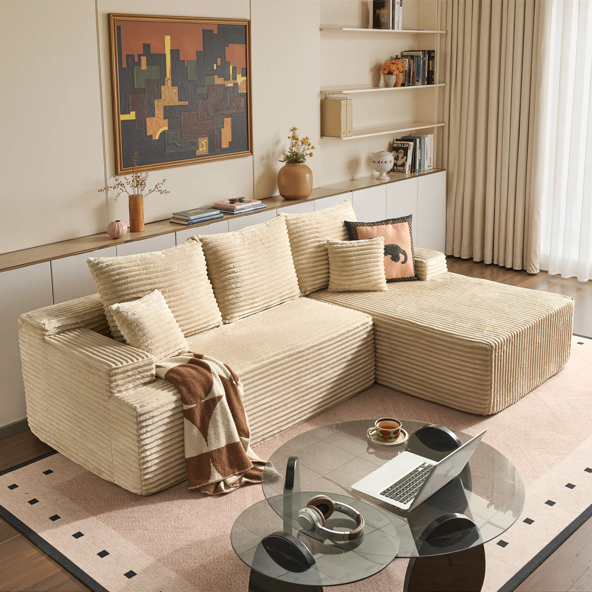 97" Beige L Shaped Right Chaise