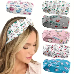 6 Pieces Nurses Day Headbands for Women - Pink and Cartoon Design, Fabric, Perfect Gift for Nurses and Healthcare Professionals, Suitable for All Seasons |   Fun Accessories |   Comfortable Headband, Nurse Accessories