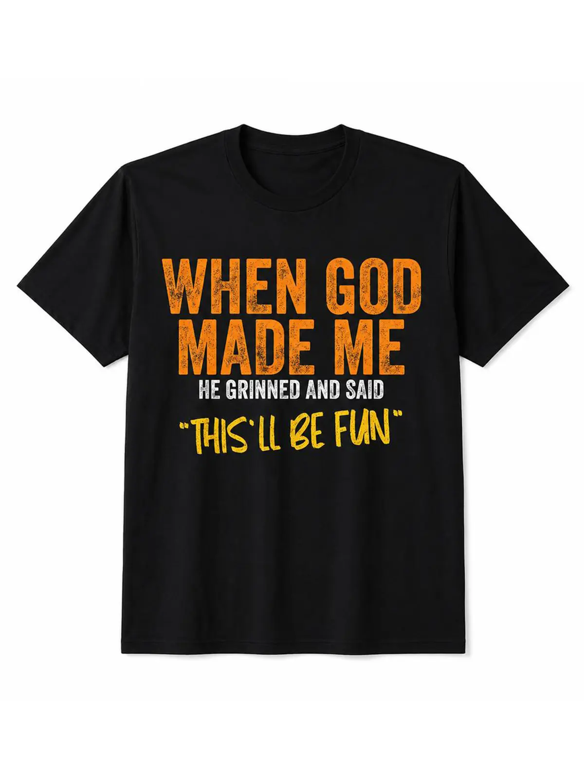 Unisex Premium Soft Cotton Distressed Text Crew Neck Graphic Tops, "When God Made Me Funny" Print, for Faith, Church Activity & Party, Minimalist Summervibes Sport & Outdoor Shirt