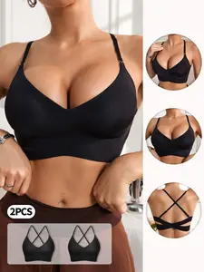 2PCS Women's Sexy Push-Up Bra Set, No Underwire, Lined Back Cross-Strap Design, Adjustable Straps, Medium Support, Fit, All Seasons