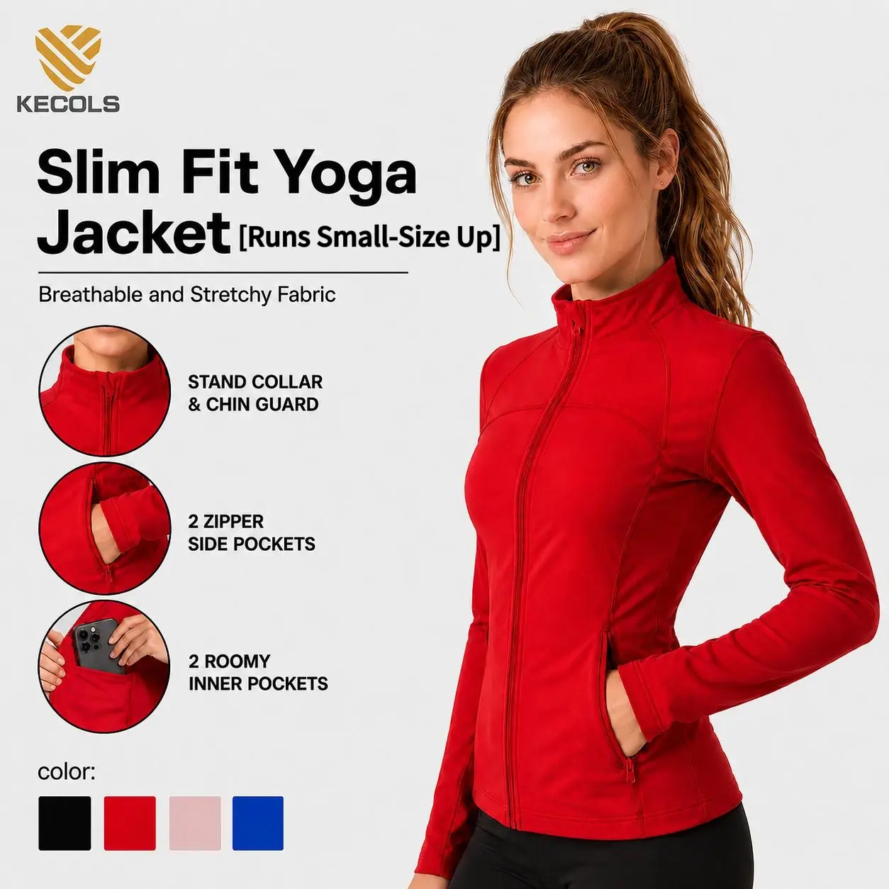Women's Slim Fit Full Zip Jacket – Long Sleeve Yoga Top with 4 Pockets for Workout & Running Activewear Sports Outerwear[Runs Small — Size Up]