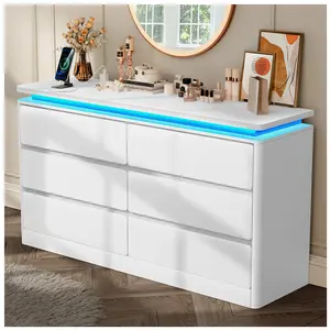 Modern 6 Drawer Dresser with Power Outlet, LED Light, Modern Chest of Drawers for Closet, Double Wide Drawer Organizer Cabinet