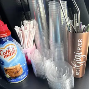 50-Pack 12-32oz Clear Plastic Iced Coffee Cups with Lids and Straws, Disposable To Go Cups for Smoothies, Milkshake, Cold Beverages, Coffee Bar Accessories